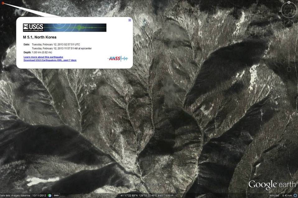 Epicentre estimé du séisme provoqué par l'essai nucléaire Nord-coréen. Au centre en bas de l'image, les installations d'essais supposées (source : Google Earth) Epicentre estimé du séisme provoqué par l'essai nucléaire Nord-coréen. Au centre en bas de l'image, les installations d'essais supposées (source : Google Earth)