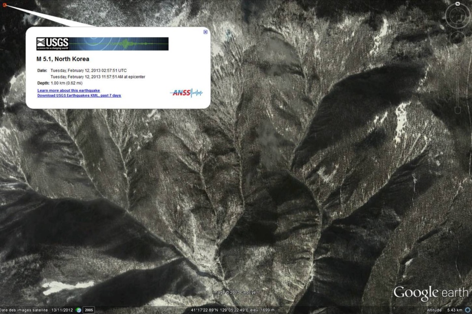 Epicentre estimé du séisme provoqué par l'essai nucléaire Nord-coréen. Au centre en bas de l'image, les installations d'essais supposées (source : Google Earth)