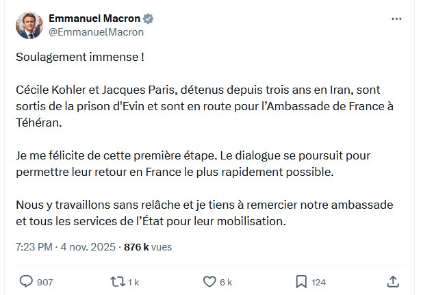 Communiqué d'E. Macron sur X