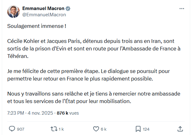 Communiqué d'E. Macron sur X