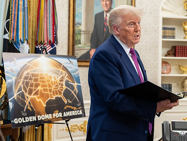 Donald Trump announces the Golden Dome missile defense system inside the White House Oval Office, May 20, 2025 - Wikimedia Commons